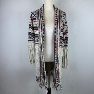 Adora Aztec Multicolored Knit Duster‎ Cardigan Open With Fringe M/L